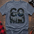 Stone blue t-shirt with wilderness scene of a howling wolf and bear integrated into the text Go Wild