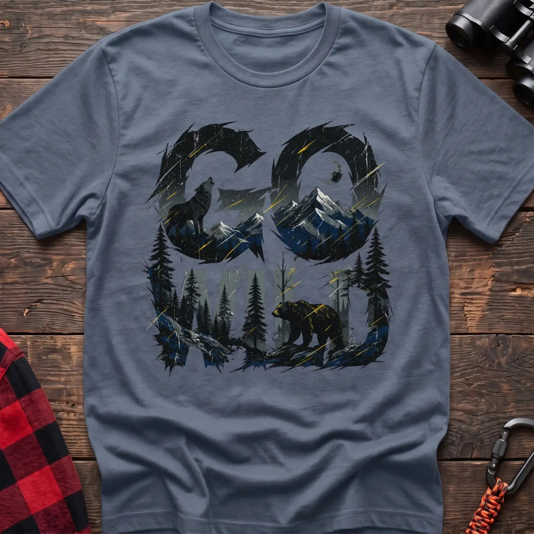 Stone blue t-shirt with wilderness scene of a howling wolf and bear integrated into the text Go Wild