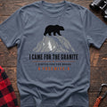 Stone blue cotton t-shirt with a bear on granite graphic and I Came for the Granite Yosemite text on rustic wood