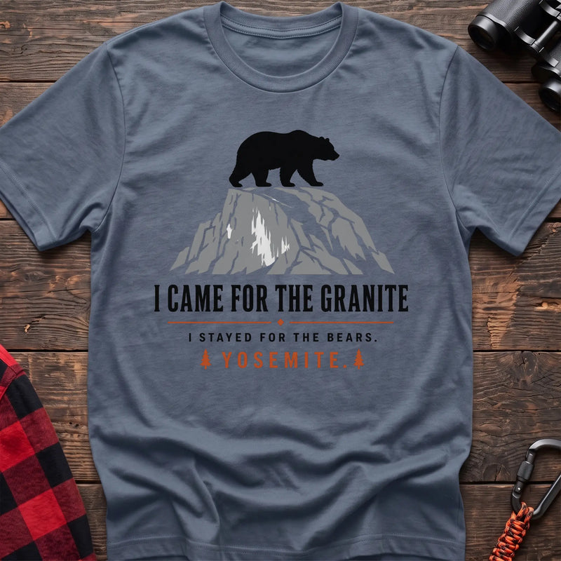 Stone blue cotton t-shirt with a bear on granite graphic and I Came for the Granite Yosemite text on rustic wood