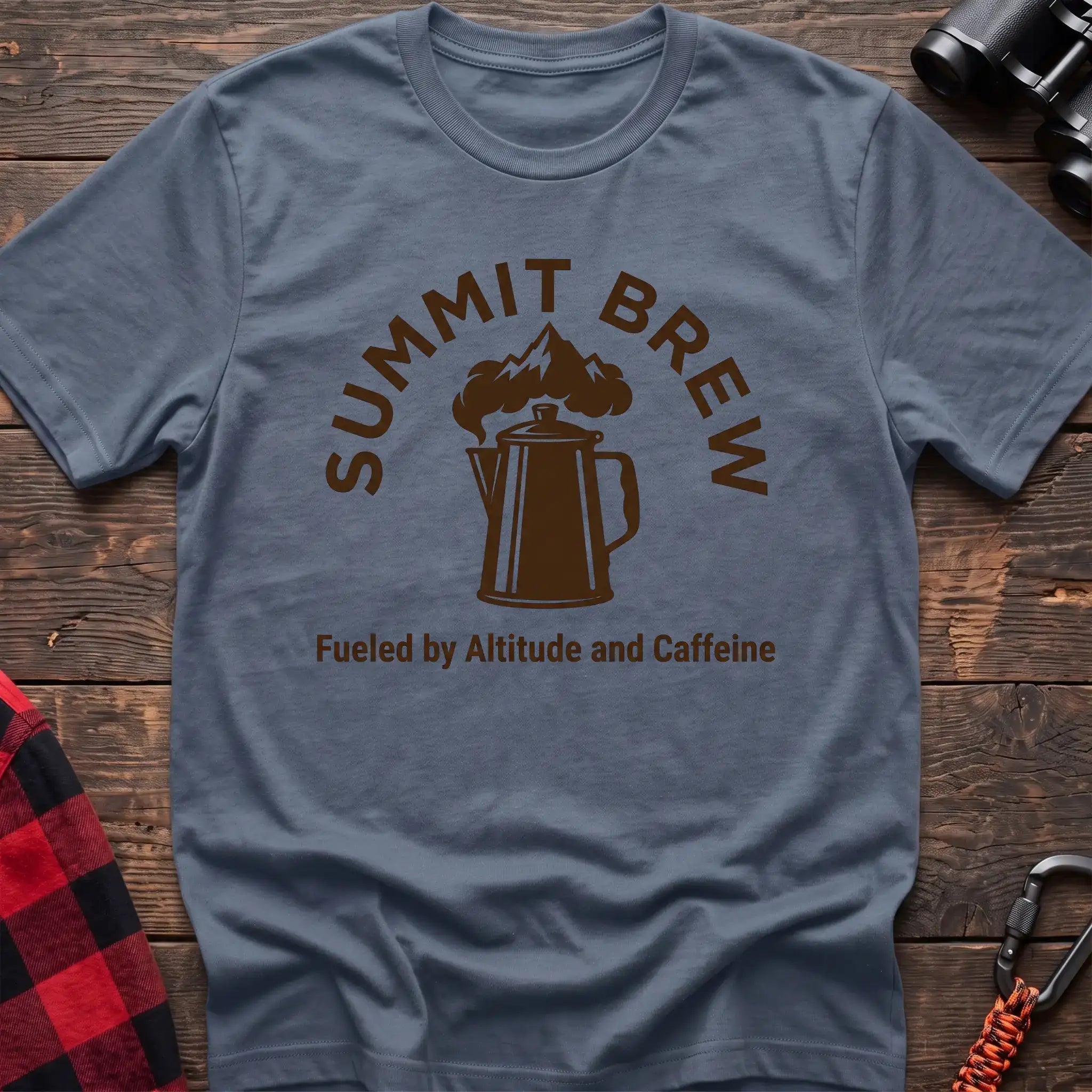 Stone blue t-shirt with brown coffee percolator and mountain graphic reading Summit Brew Fueled by Altitude and Caffeine