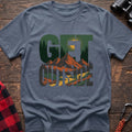 Stone blue t-shirt with layered mountain landscape graphic integrated into the text Get Outside