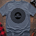 Stone blue hiking t-shirt with Get Outside text inside a black topographic ripple circle graphic