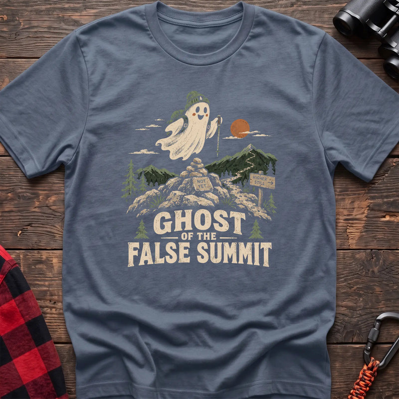 Stone blue cotton t-shirt with a hiking ghost graphic and Ghost of the False Summit text on rustic wood