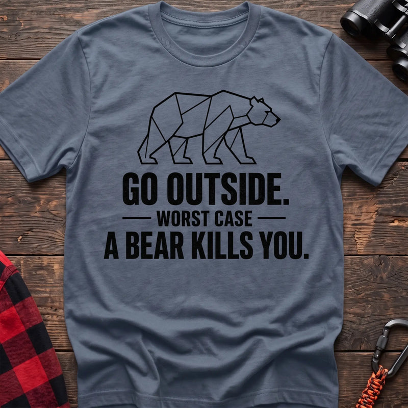 Stone blue cotton hiking t-shirt with geometric bear graphic and "Go outside worst case a bear kills you" quote
