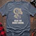 Stone blue cotton t-shirt with a bighorn ram graphic and Head for Higher Ground text on rustic wood