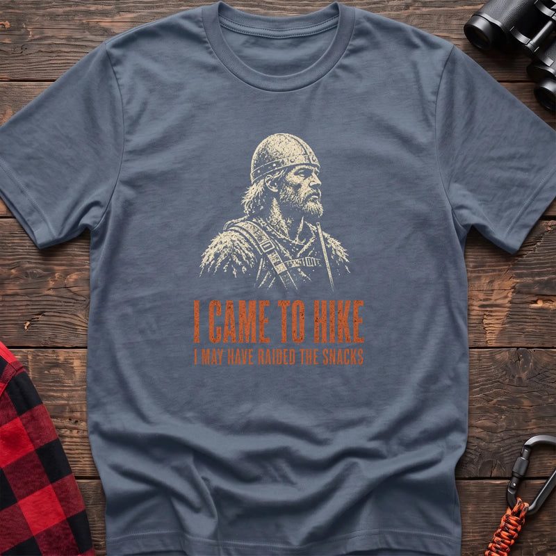 Stone blue cotton t-shirt with a Viking graphic and I Came to Hike I May Have Raided the Snacks text on rustic wood