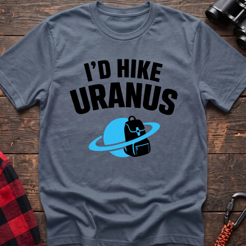 Stone blue hiking t-shirt with a backpack-and-planet graphic and the text “I’d Hike Uranus”