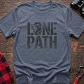 Stone blue t-shirt with distressed text reading Lone Path and a wolf silhouette in the letter O