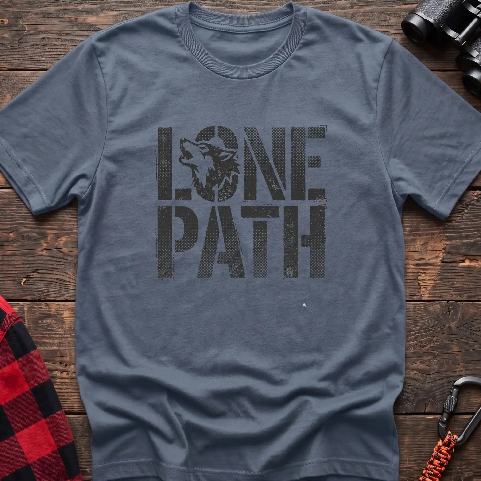 Stone blue t-shirt with distressed text reading Lone Path and a wolf silhouette in the letter O