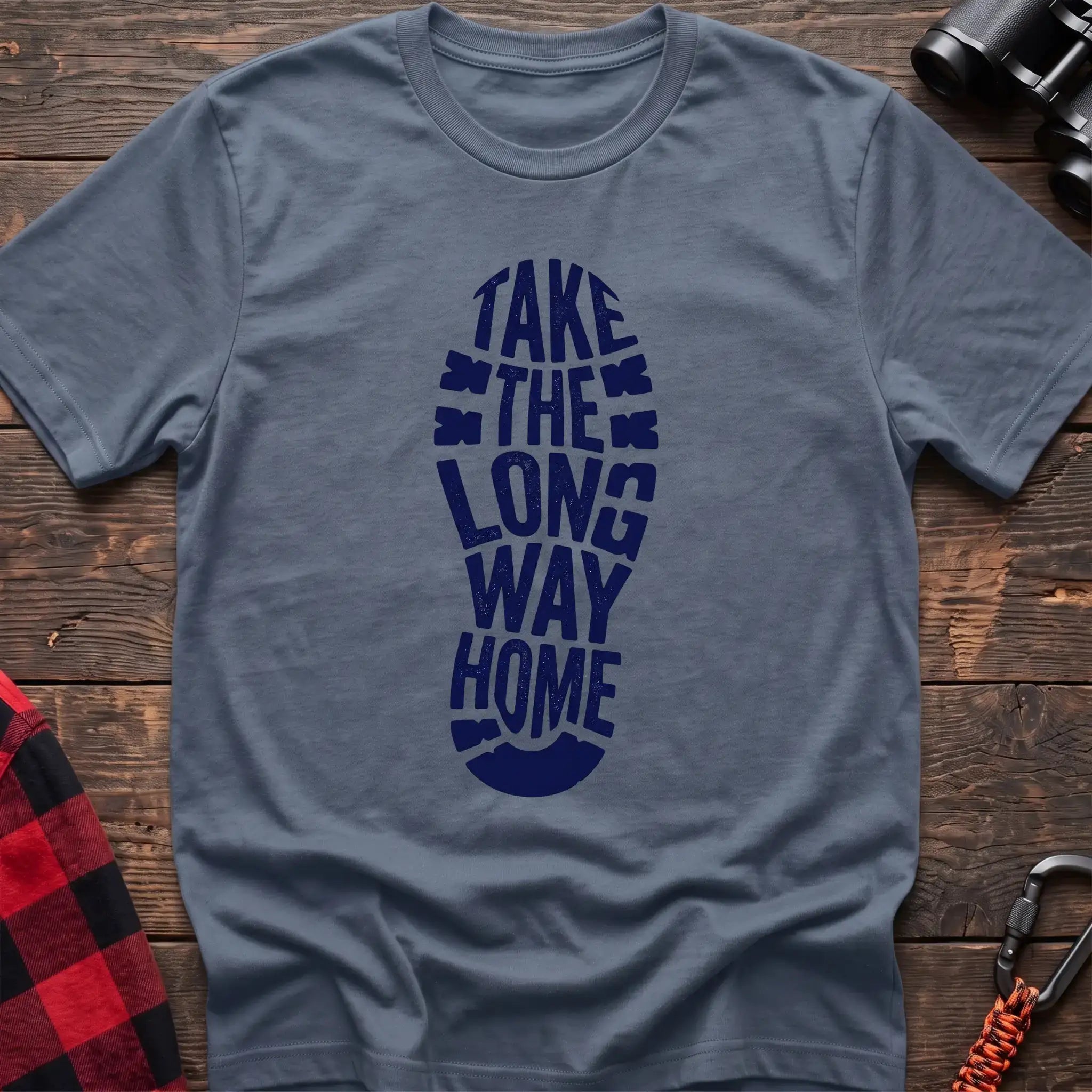 Stone blue t-shirt with white boot print graphic reading Take the Long Way Home