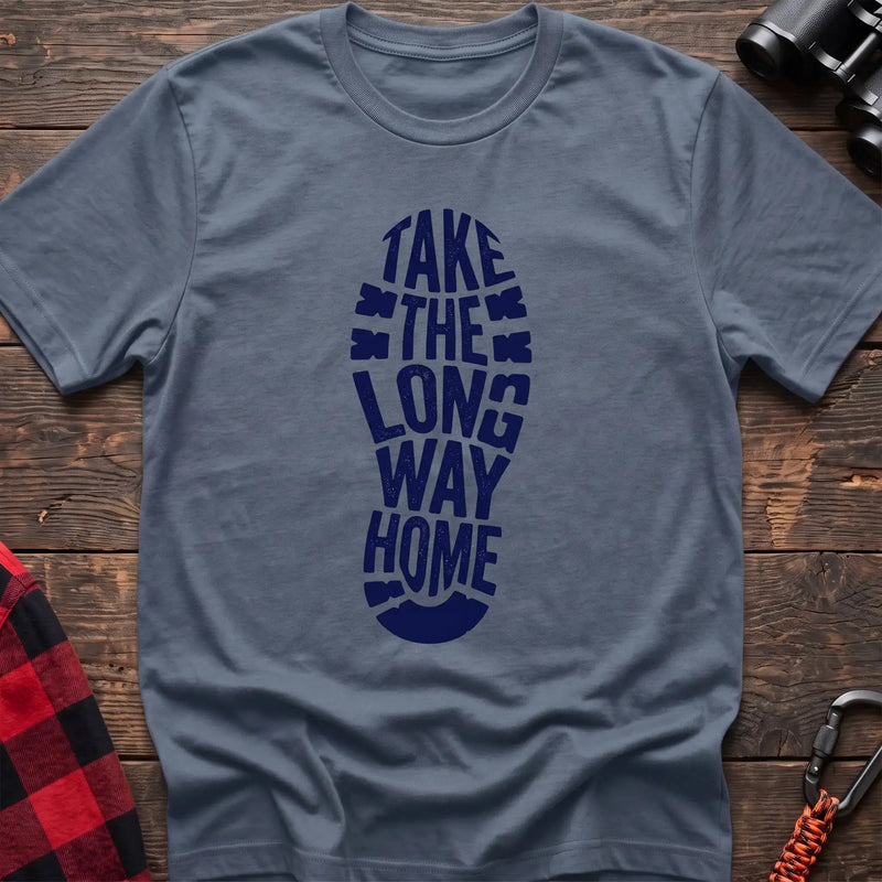 Stone blue t-shirt with white boot print graphic reading Take the Long Way Home