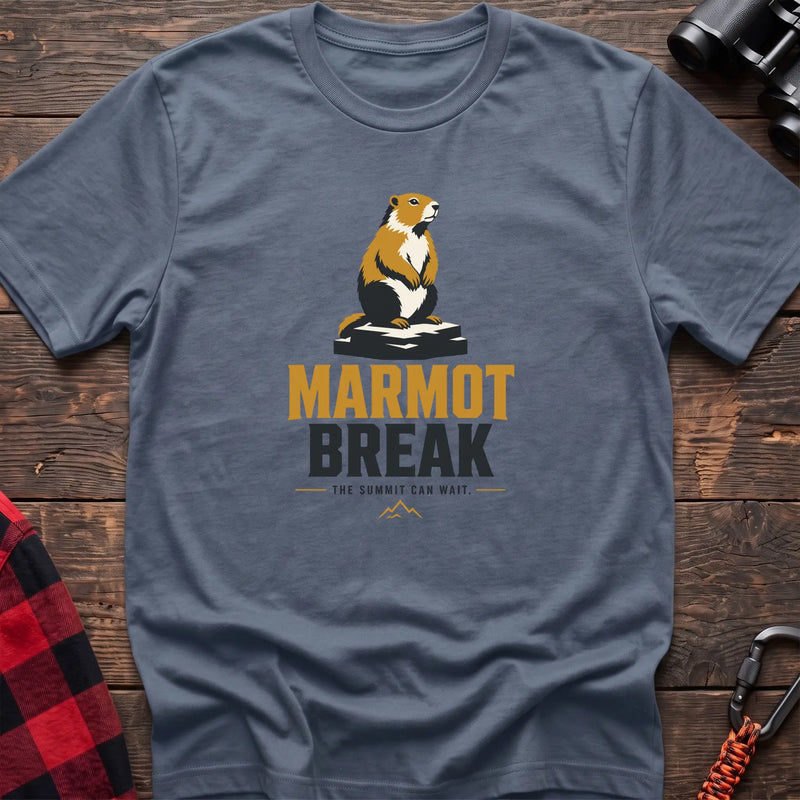 Stone blue hiking t-shirt with a sitting marmot graphic and the text “Marmot Break The Summit Can Wait”