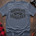 Stone blue t-shirt with dark raccoon face graphic and the text Midnight Marauder