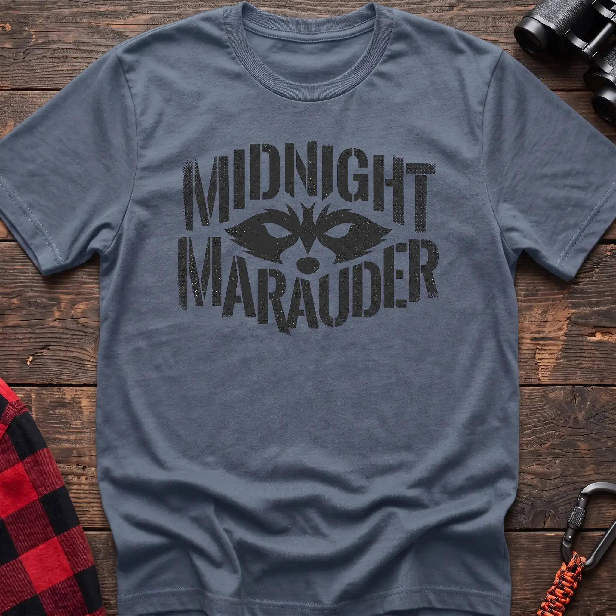 Stone blue t-shirt with dark raccoon face graphic and the text Midnight Marauder