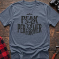 Stone blue t-shirt with mountain goat head graphic and the text Peak Performer