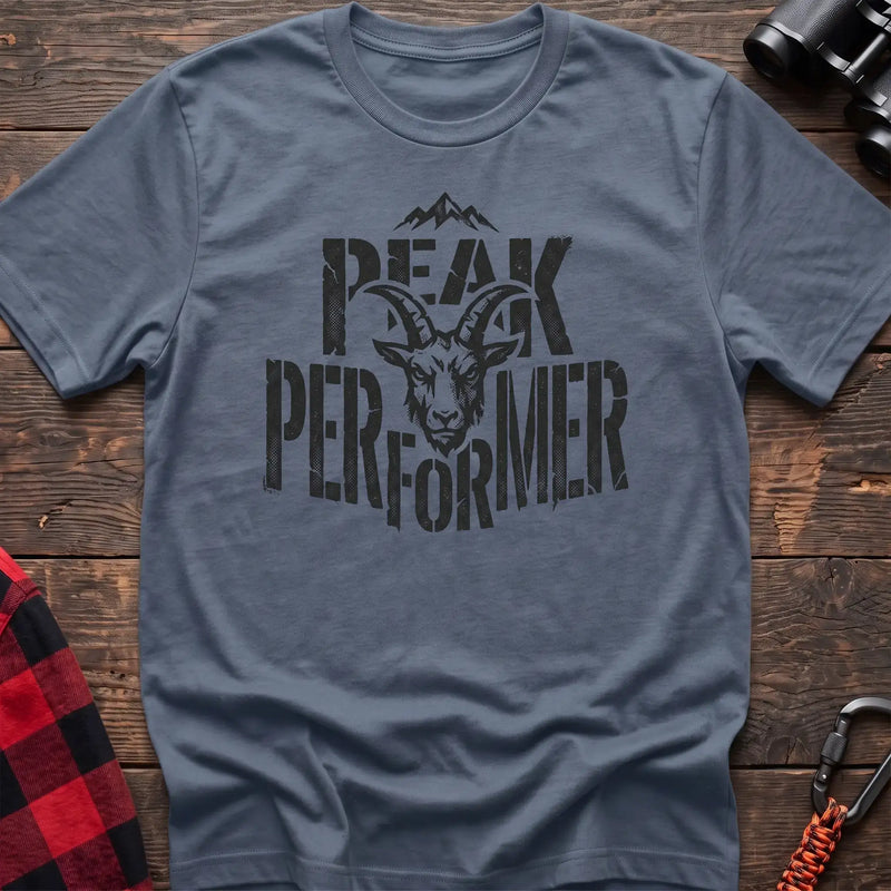 Stone blue t-shirt with mountain goat head graphic and the text Peak Performer