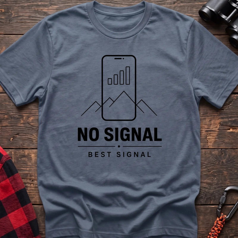 Stone blue cotton hiking t-shirt with phone signal bars as mountains graphic and "No signal best signal" quote