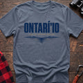 Stone blue cotton hiking t-shirt with Ontarí'io Lake of Shining Waters text and stylized lake reflection graphic