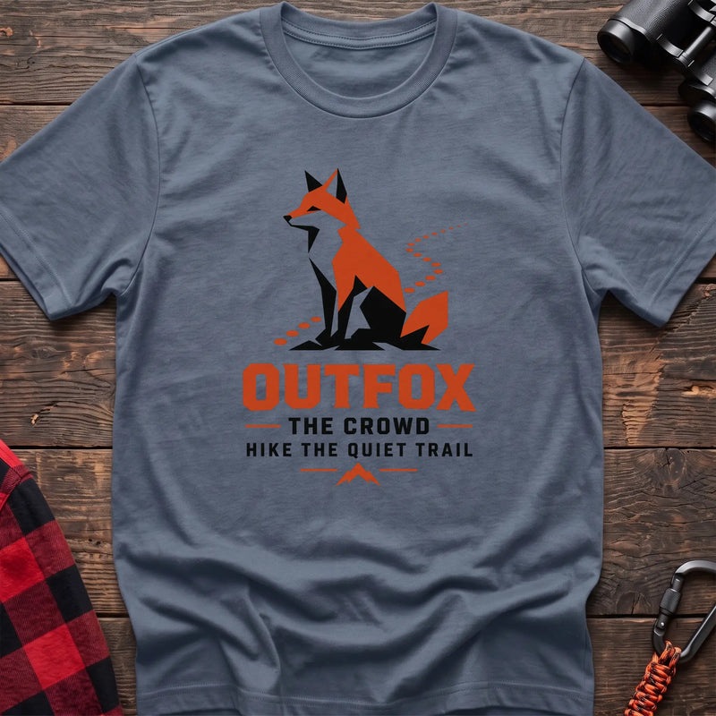 Stone blue hiking t-shirt with geometric fox graphic and Outfox the Crowd Hike the Quiet Trail text