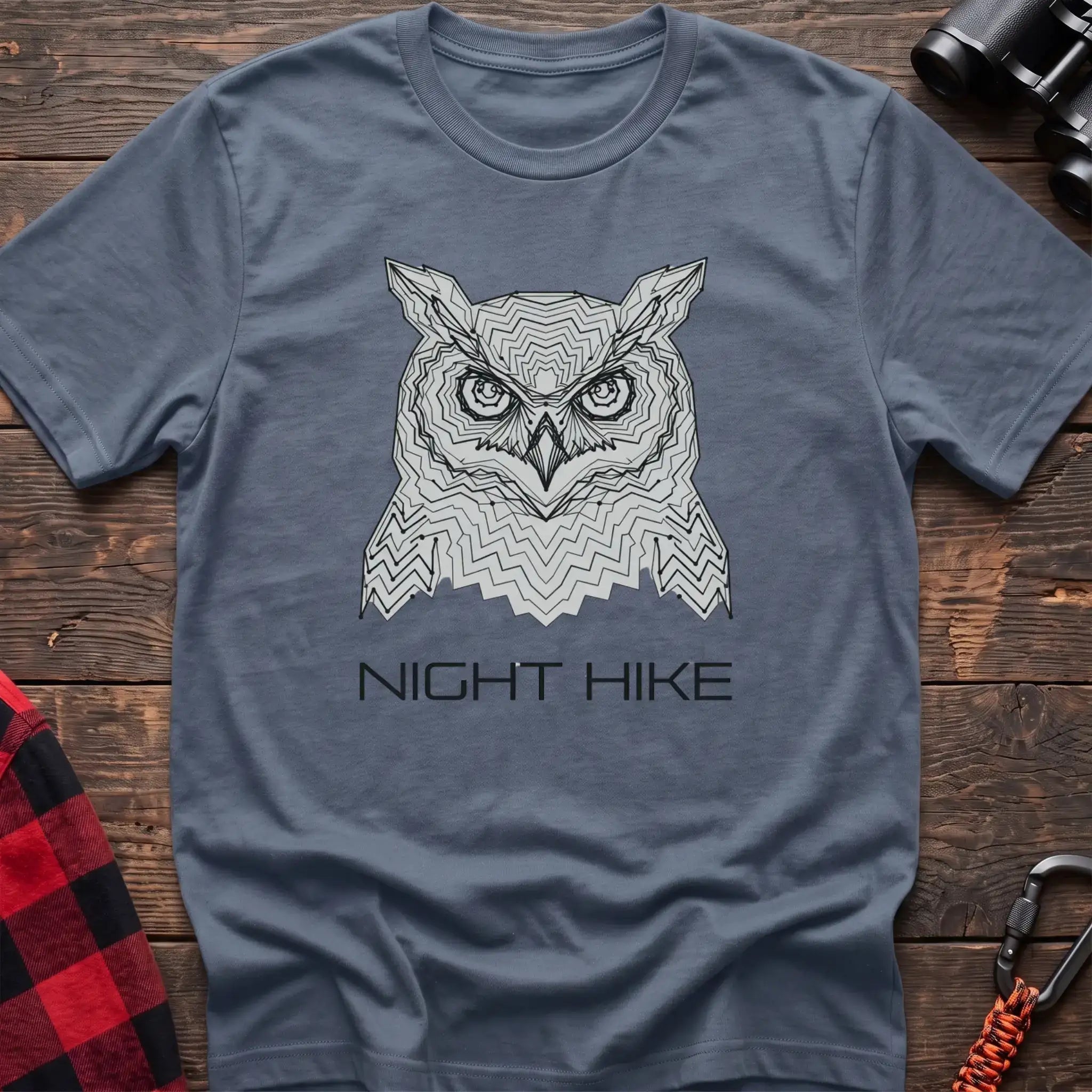 Stone blue t-shirt with geometric topographic owl face graphic and the text Night Hike