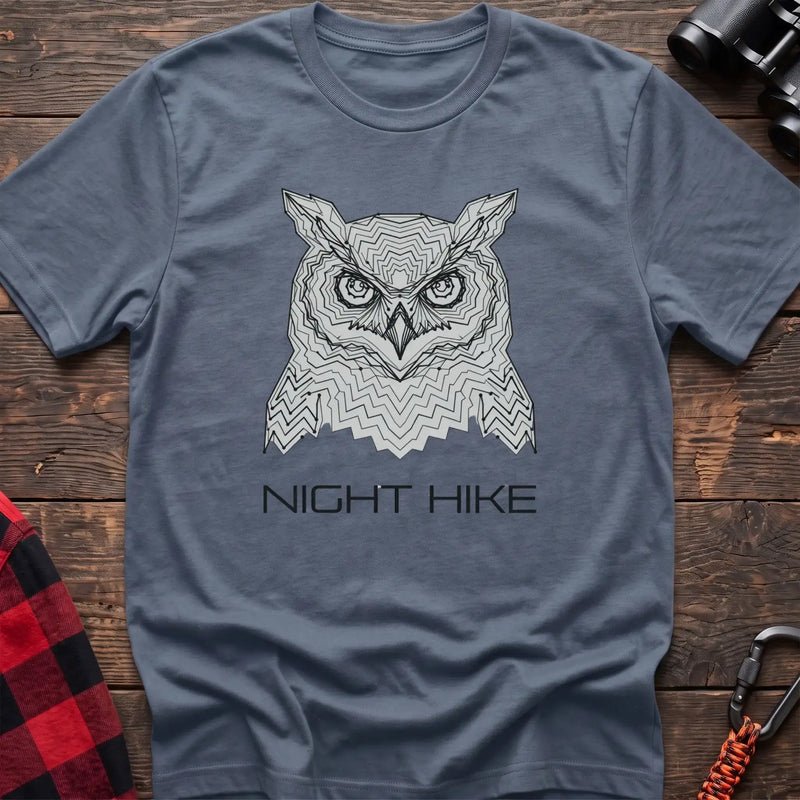 Stone blue t-shirt with geometric topographic owl face graphic and the text Night Hike