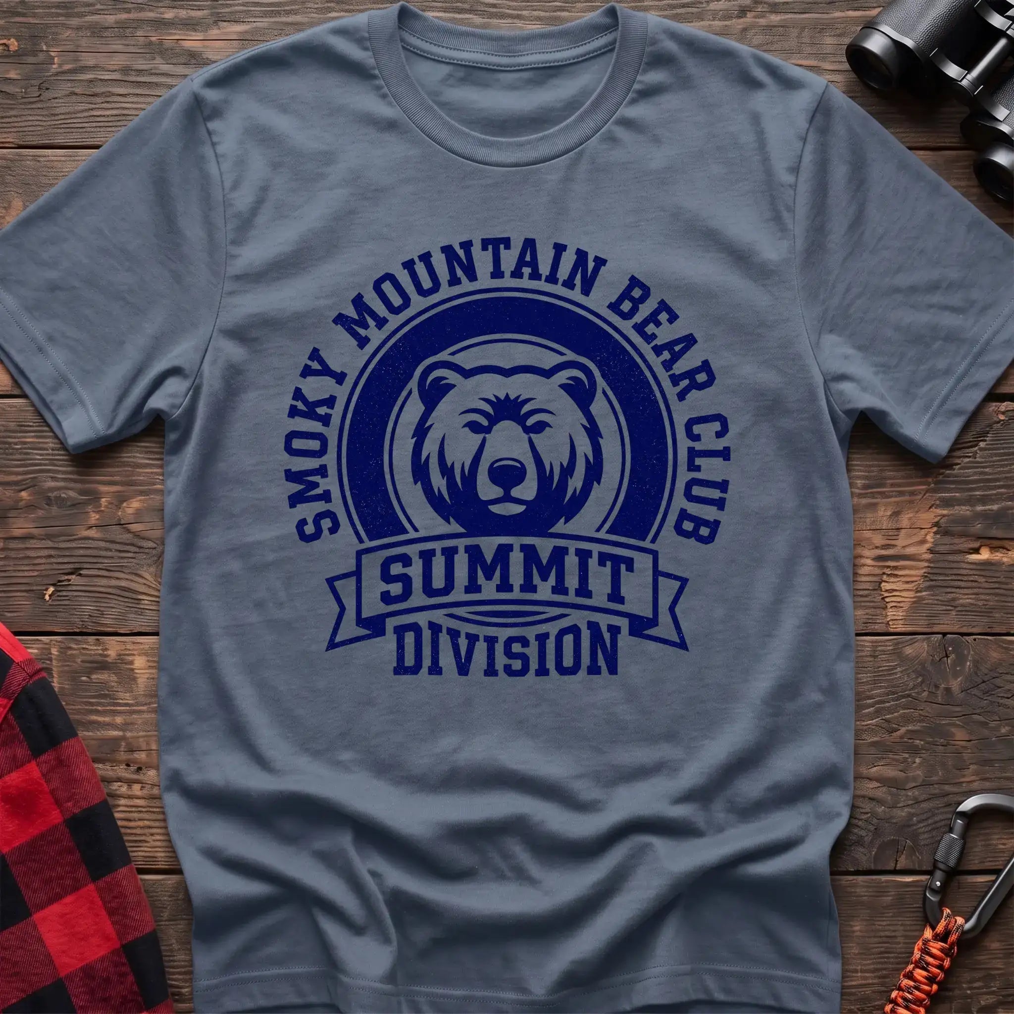 Stone blue t-shirt with circular badge graphic of a bear face reading Smoky Mountain Bear Club Summit Division