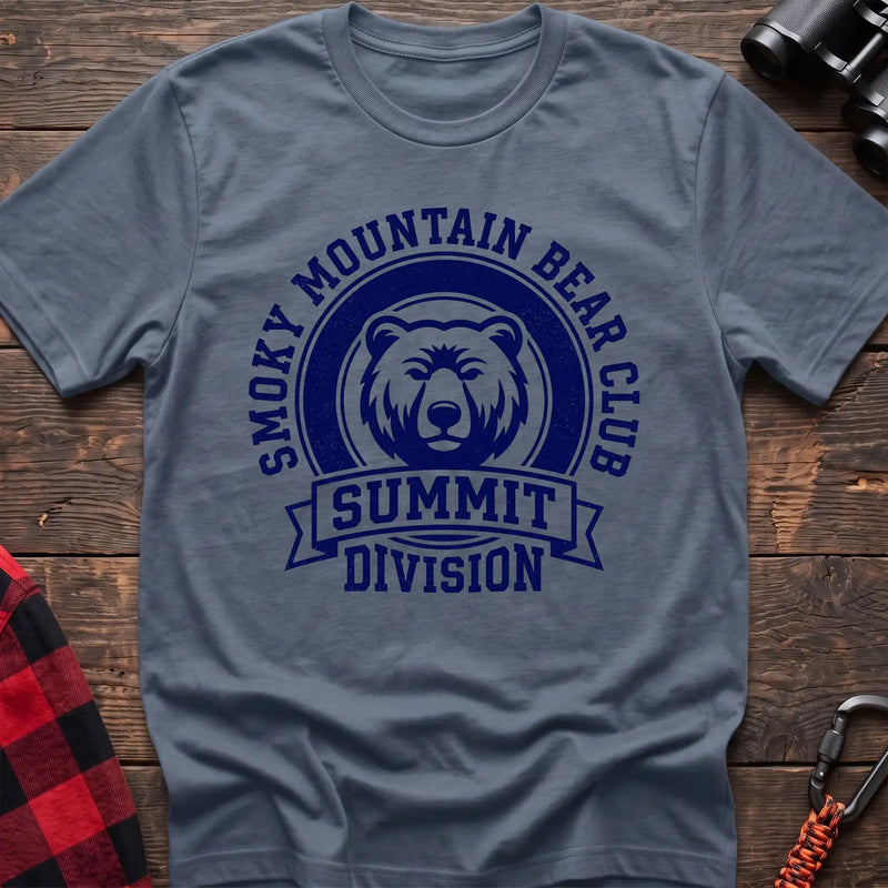 Stone blue t-shirt with circular badge graphic of a bear face reading Smoky Mountain Bear Club Summit Division