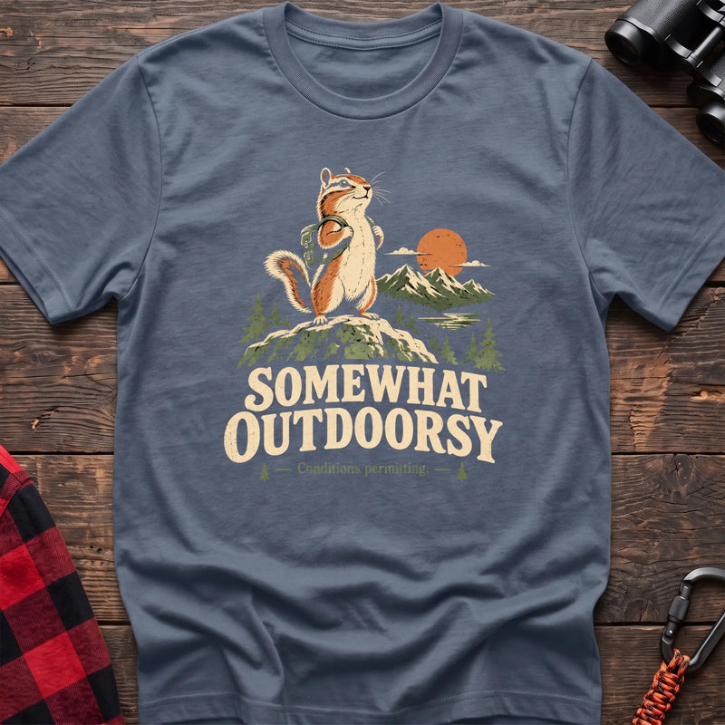 Stone blue cotton t-shirt with a backpack chipmunk graphic and Somewhat Outdoorsy text on rustic wood
