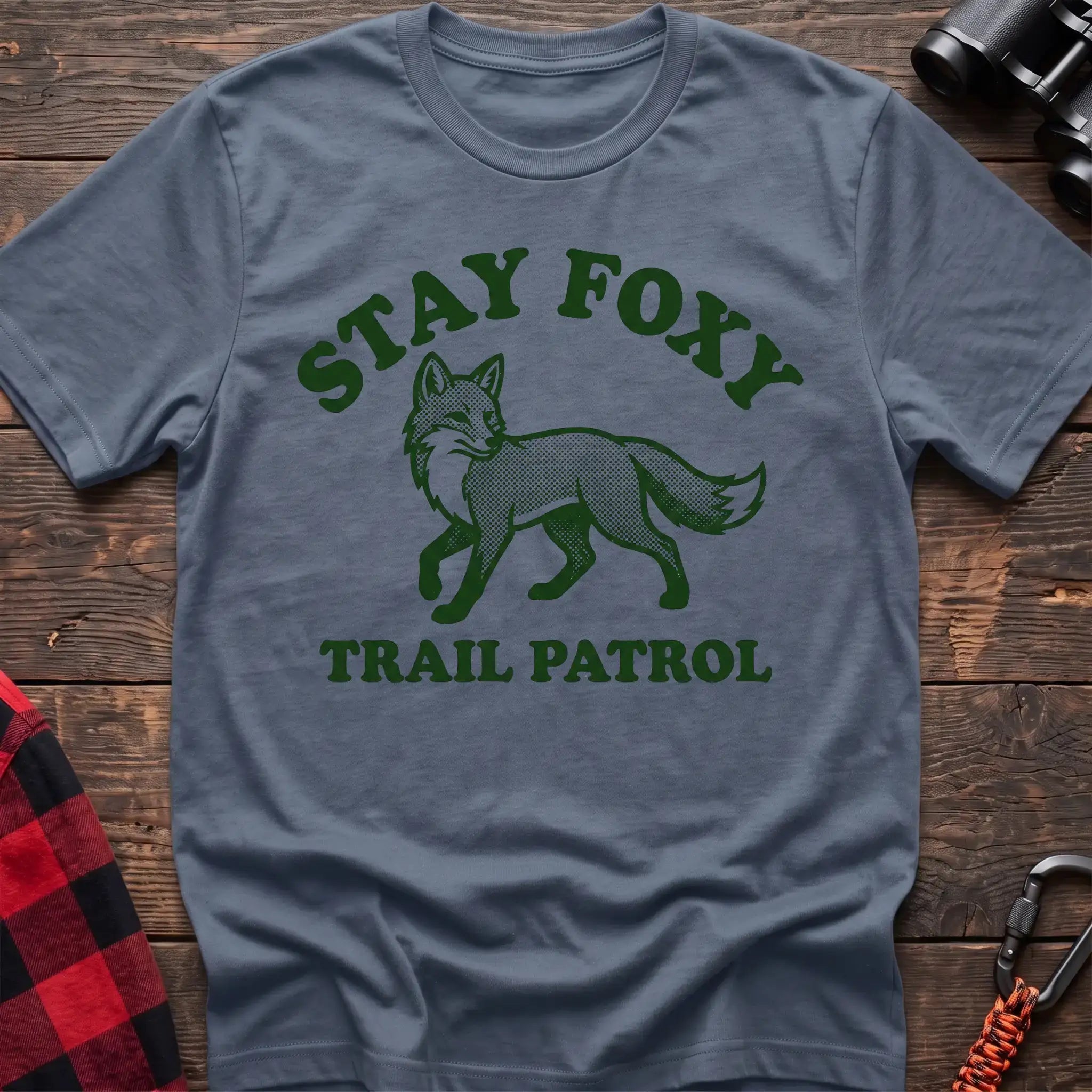 Stone blue t-shirt with dark green fox illustration and the text Stay Foxy Trail Patrol