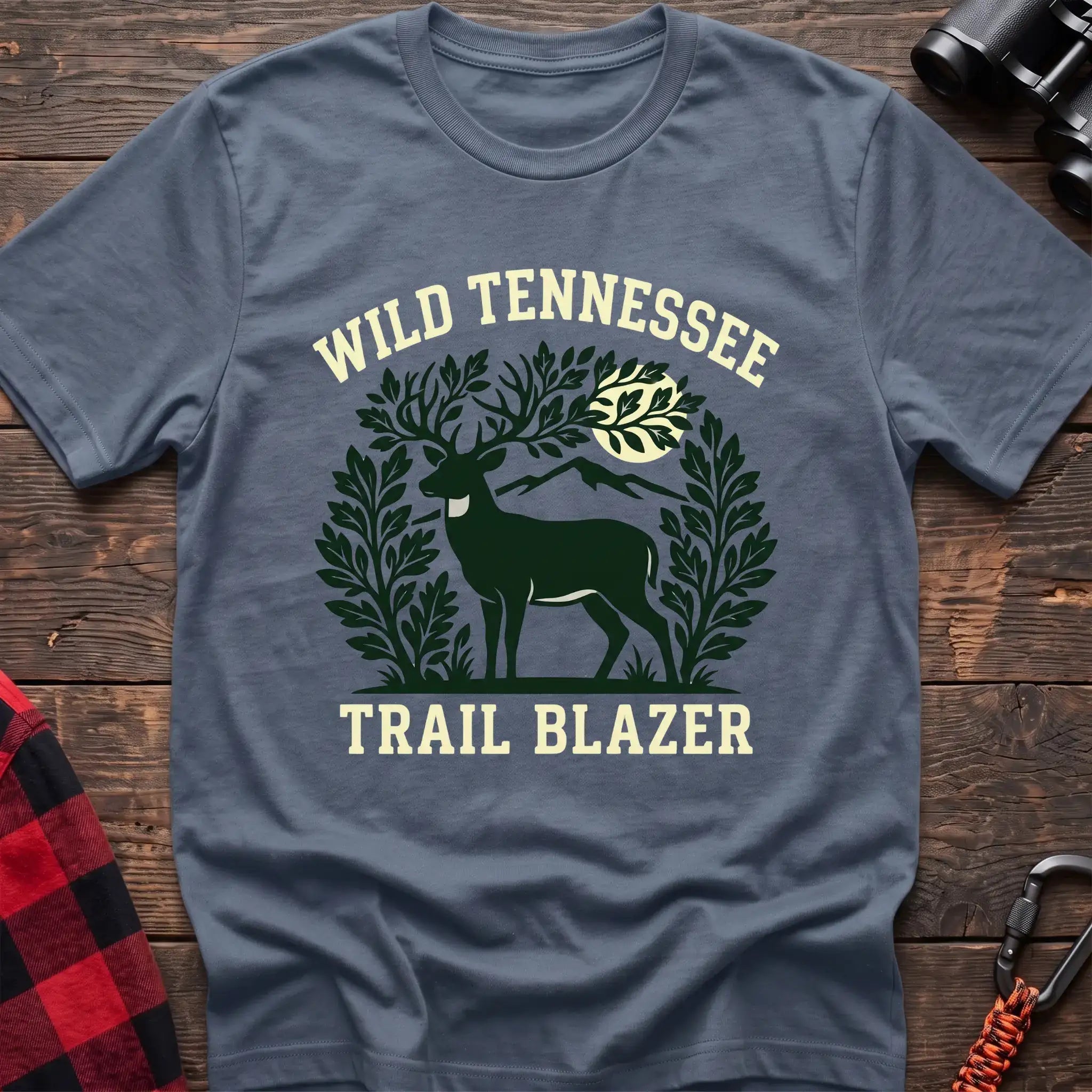 Stone blue t-shirt with deer among leaves and mountains graphic reading Wild Tennessee Trail Blazer