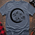 Stone blue t-shirt with circular mountain trail graphic of a hiker and the text Trail Stillness Zen Hiking