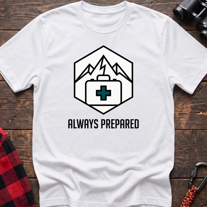 White t-shirt with hexagonal badge graphic of mountains and a first aid kit, reading Always Prepared