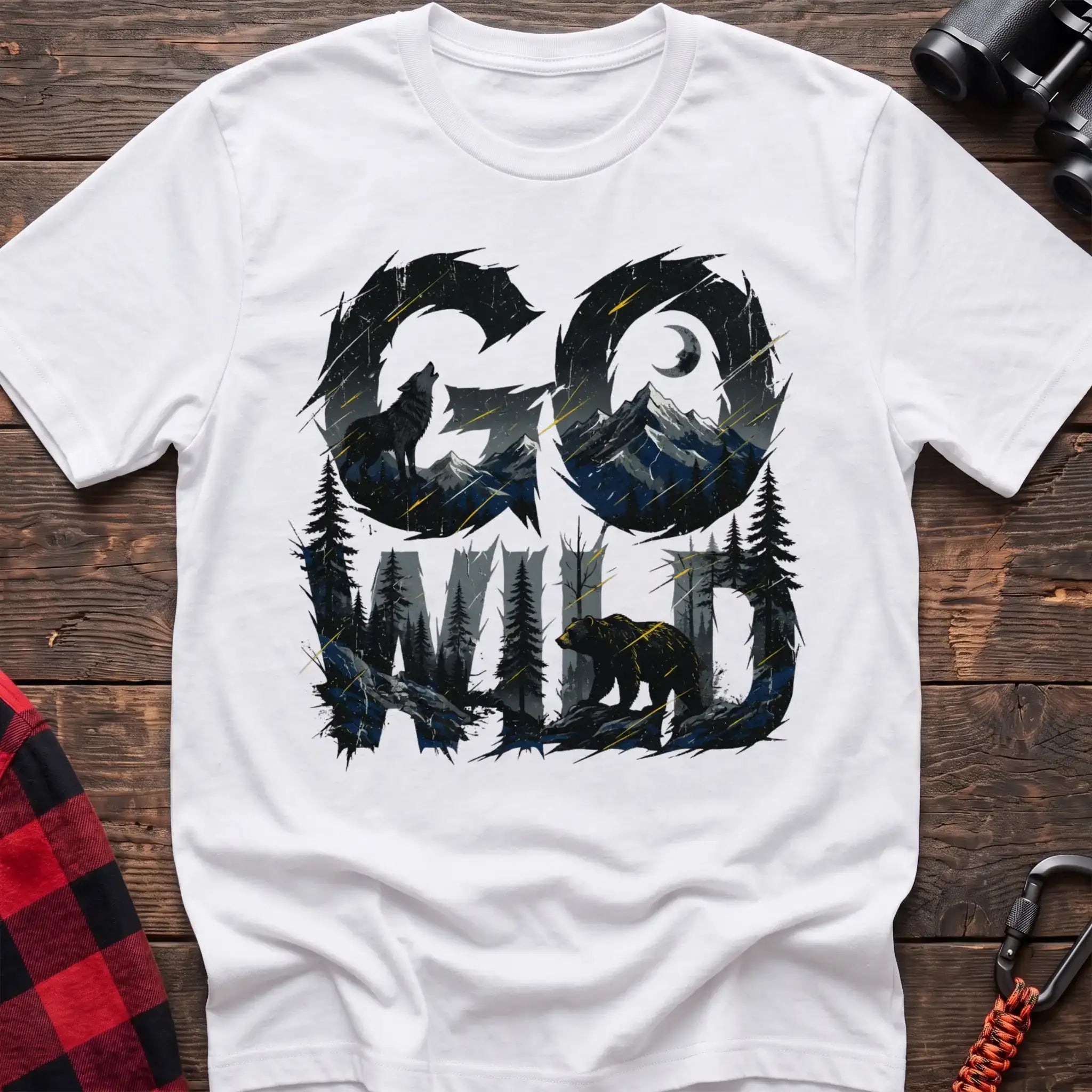 White t-shirt with wilderness scene of a howling wolf and bear integrated into the text Go Wild