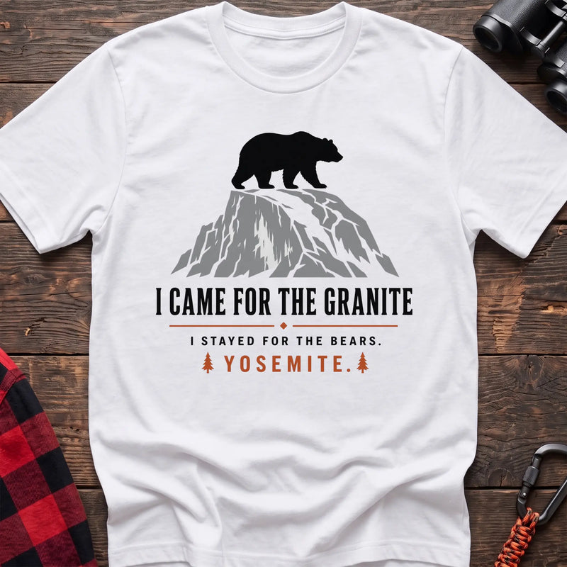 White cotton t-shirt with a bear on granite graphic and I Came for the Granite Yosemite text on rustic wood