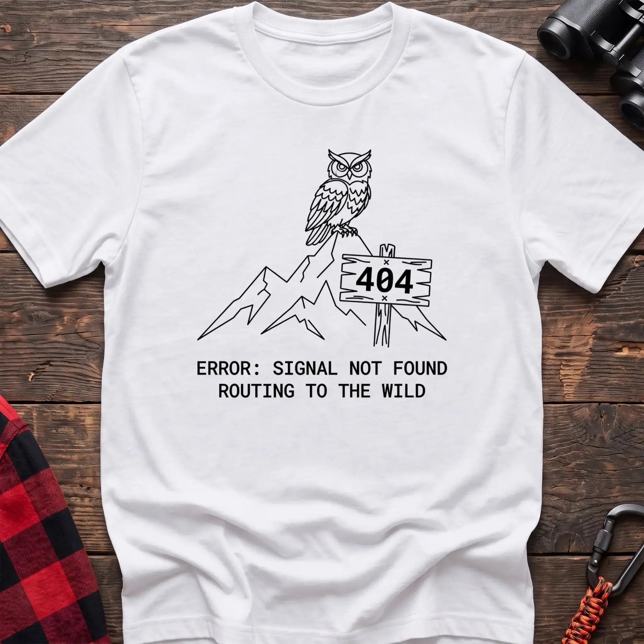 White t-shirt with owl on a mountain peak next to a 404 sign and the text Error Signal Not Found Routing to the Wild