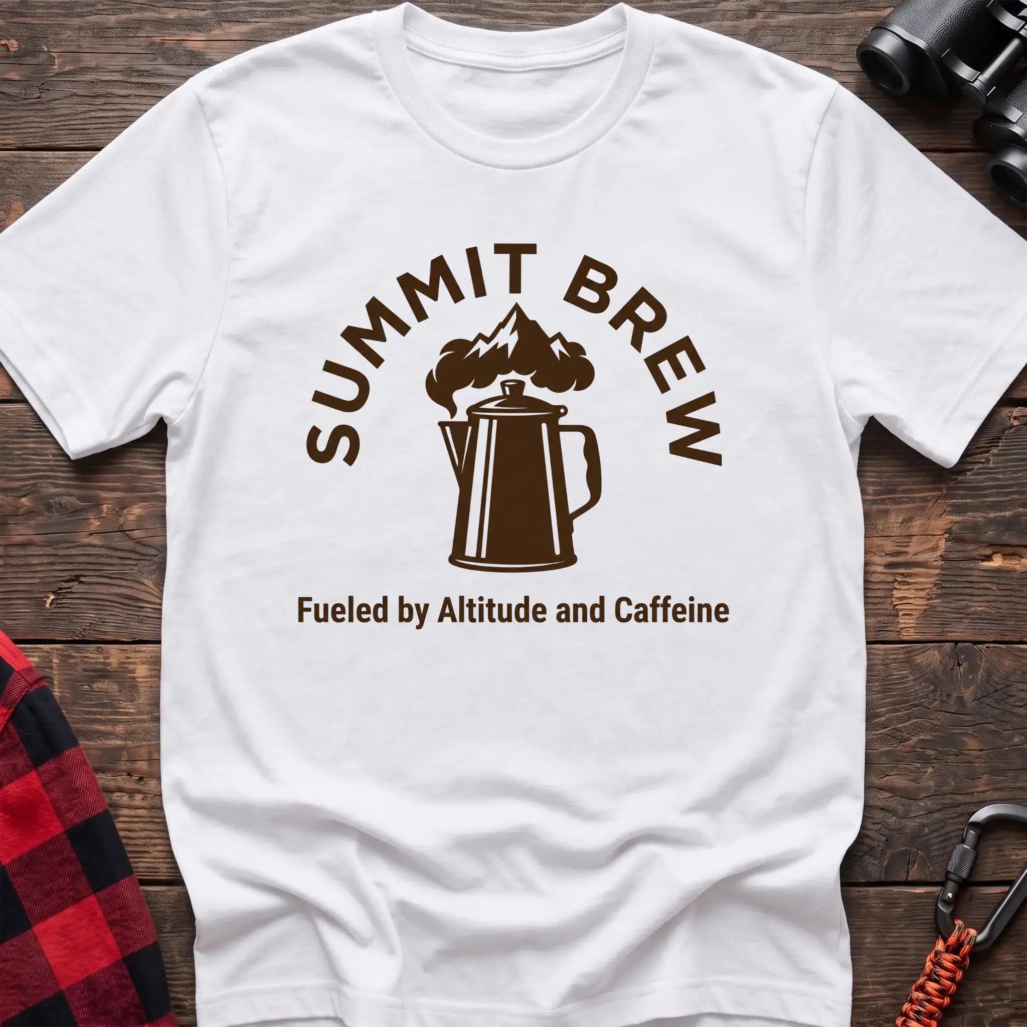White t-shirt with brown coffee percolator and mountain graphic reading Summit Brew Fueled by Altitude and Caffeine