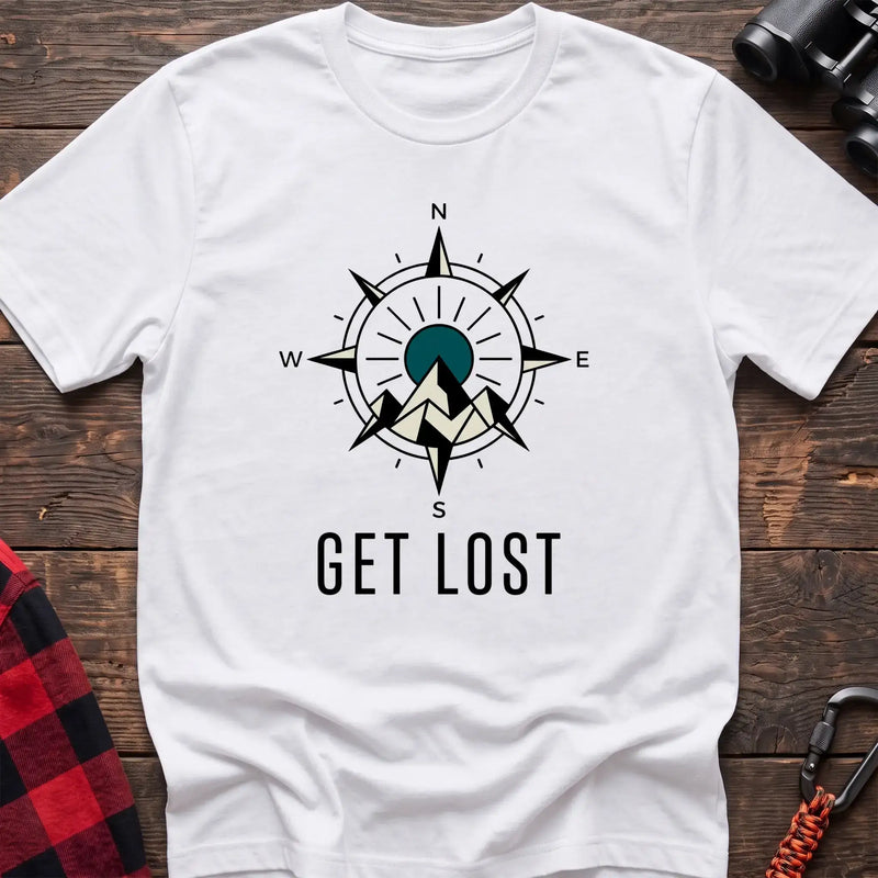 White t-shirt with compass rose graphic featuring mountains in the center and the text Get Lost
