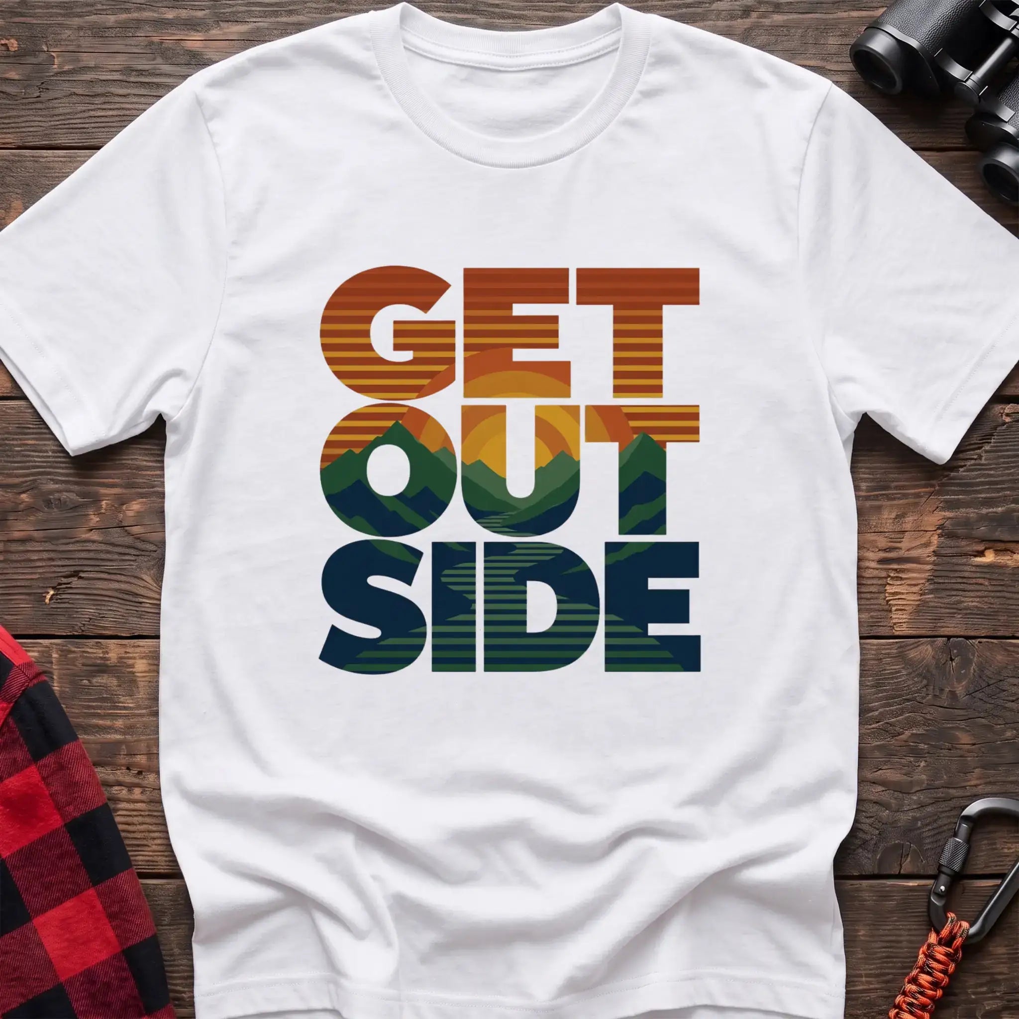 White t-shirt with retro sunset and mountain graphic integrated into the text Get Outside