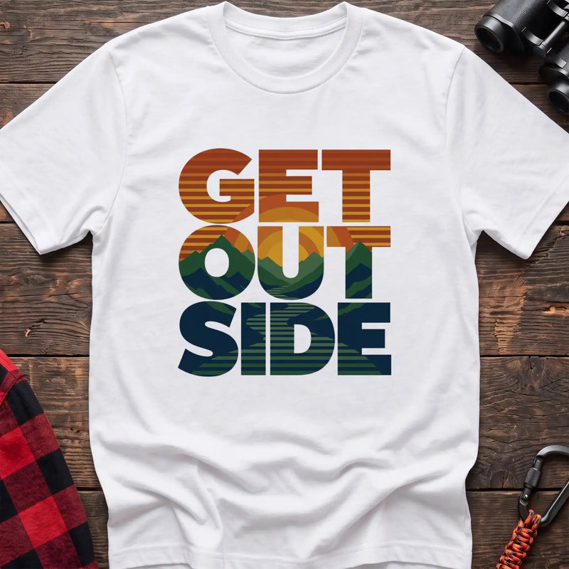 White t-shirt with retro sunset and mountain graphic integrated into the text Get Outside