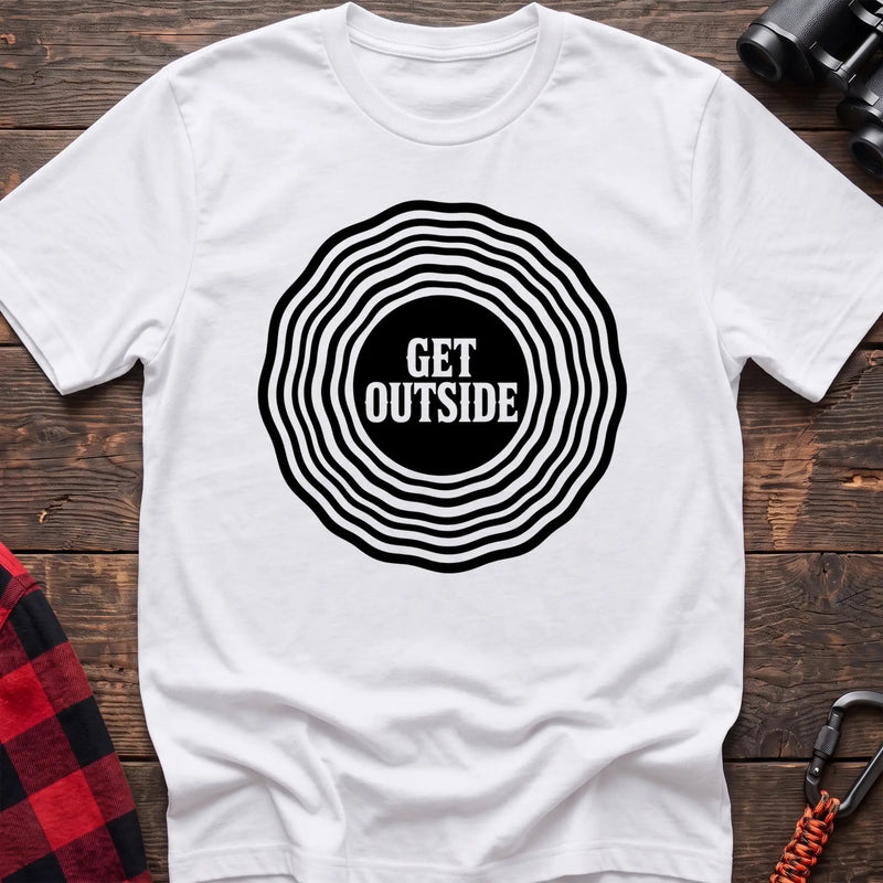 White hiking t-shirt with Get Outside text inside a black topographic ripple circle graphic
