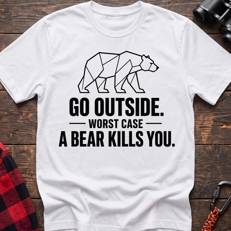 White cotton hiking t-shirt with geometric bear graphic and "Go outside worst case a bear kills you" quote