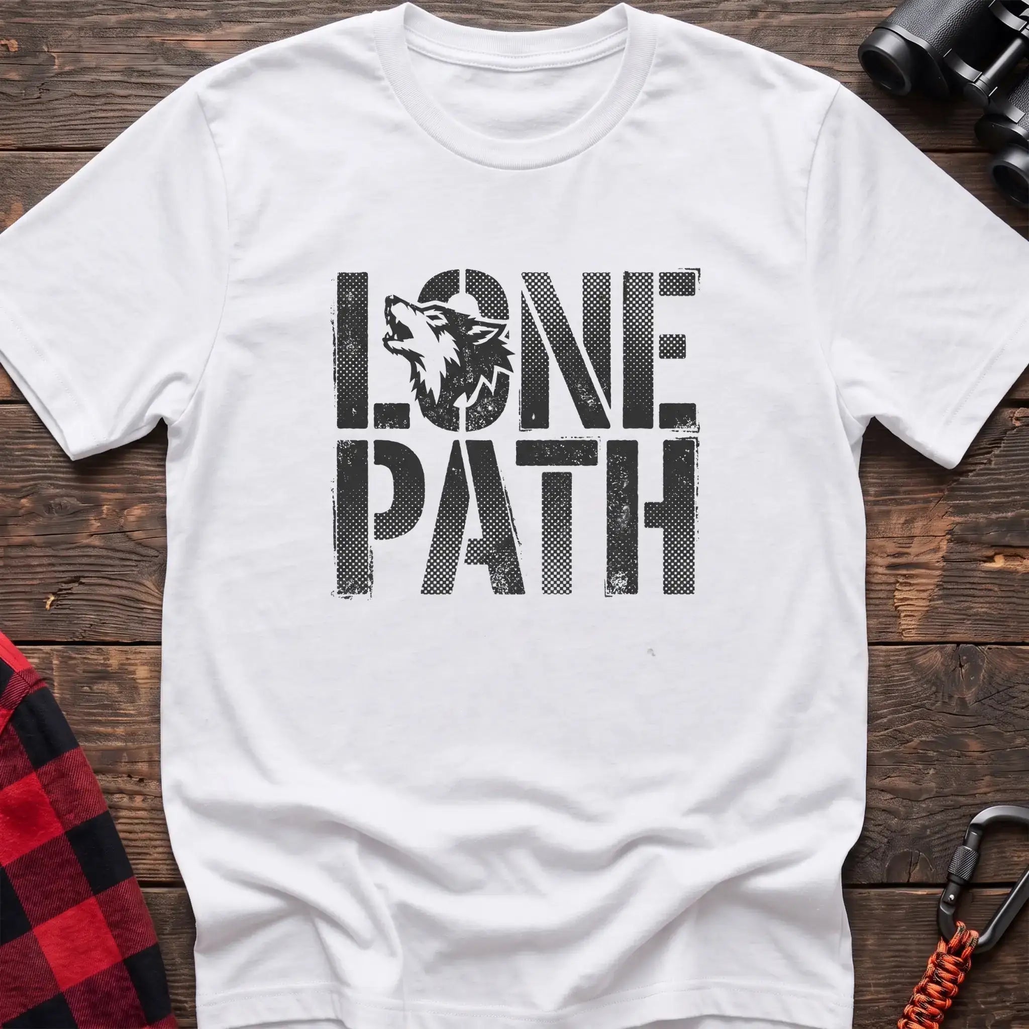 White t-shirt with distressed text reading Lone Path and a wolf silhouette in the letter O