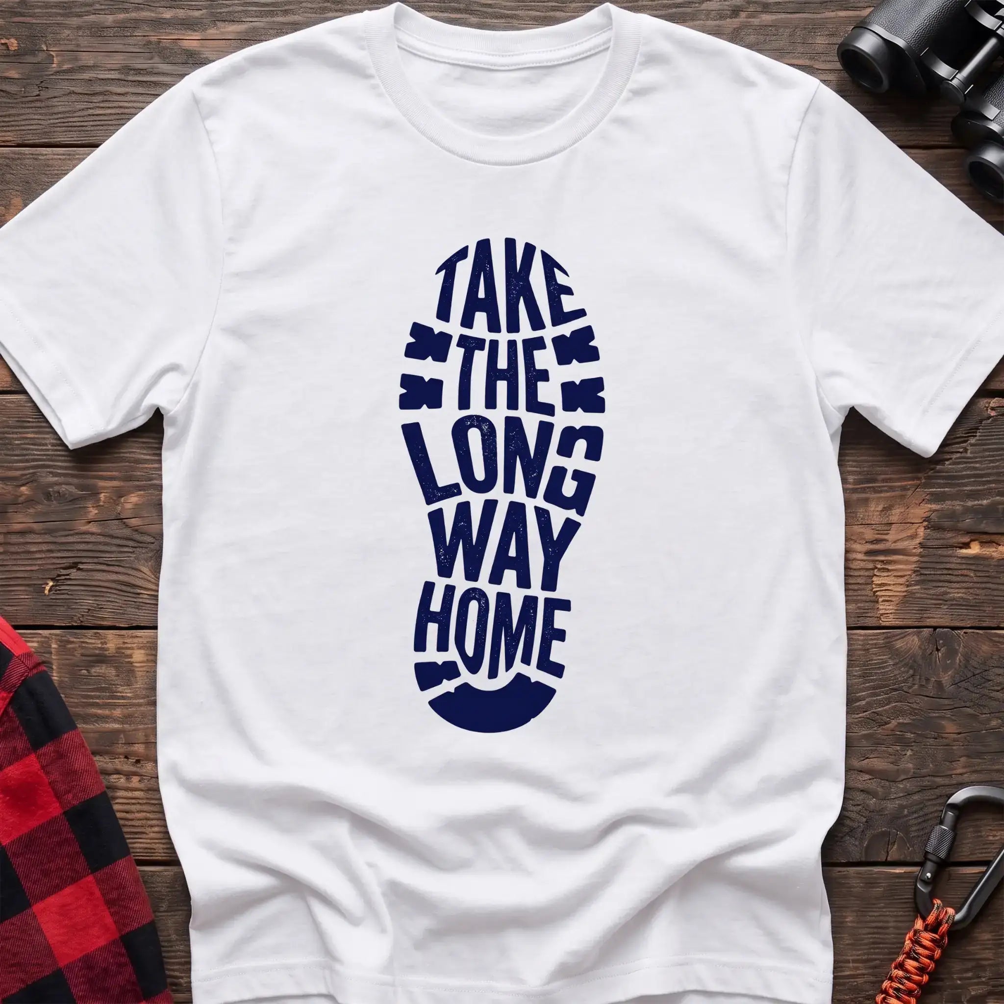 White t-shirt with white boot print graphic reading Take the Long Way Home