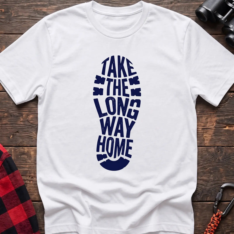 White t-shirt with white boot print graphic reading Take the Long Way Home