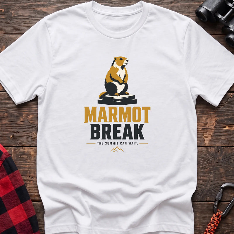White hiking t-shirt with a sitting marmot graphic and the text “Marmot Break The Summit Can Wait”