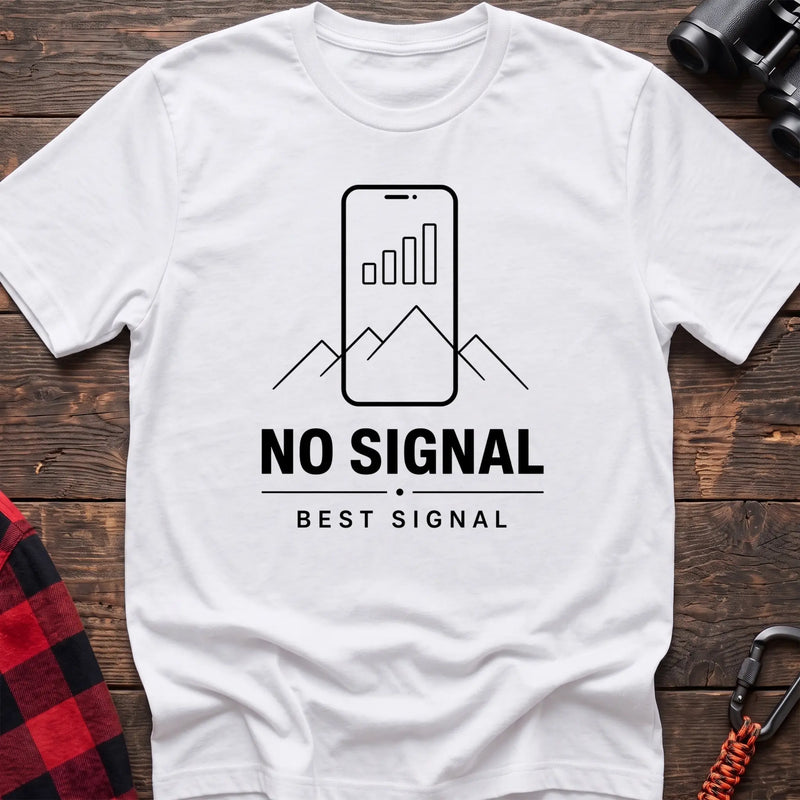 White cotton hiking t-shirt with phone signal bars as mountains graphic and "No signal best signal" quote