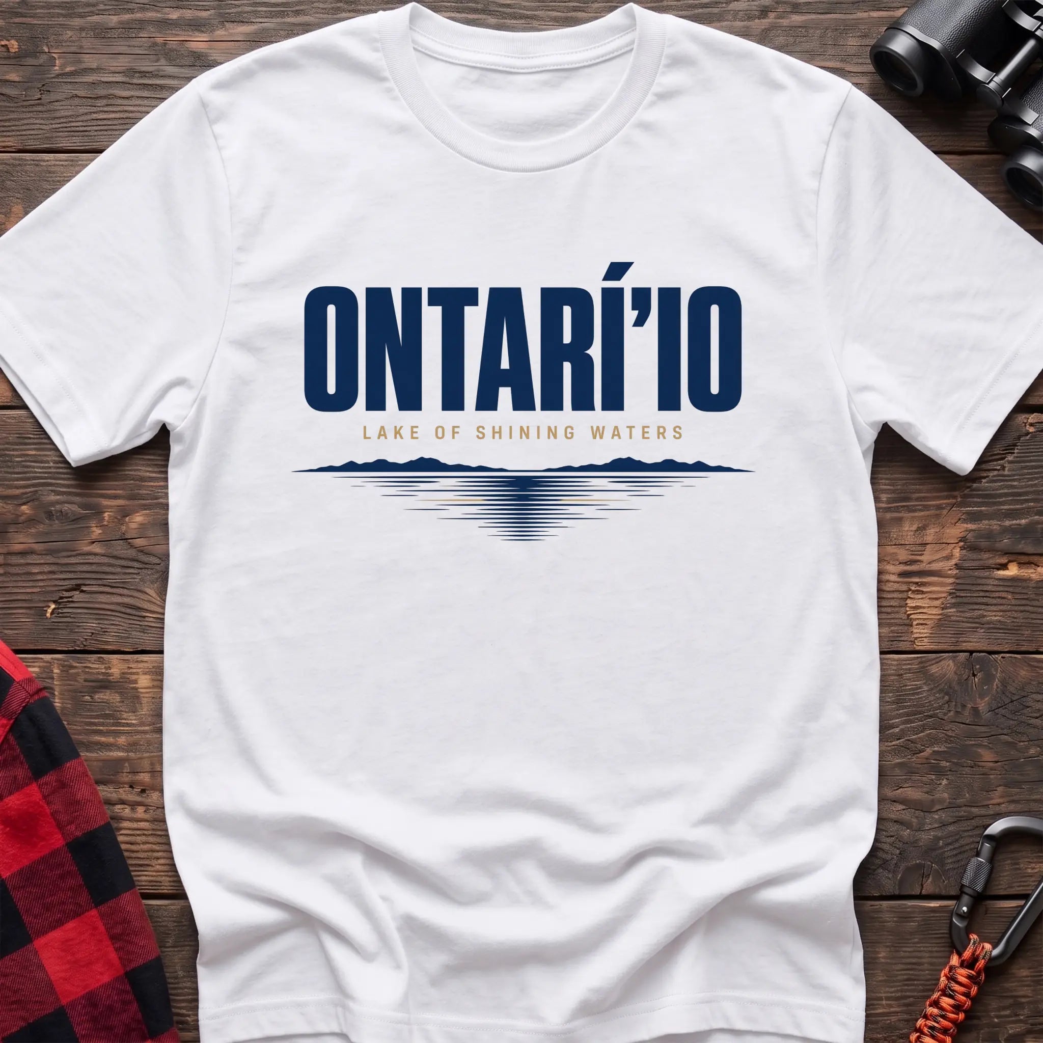 White cotton hiking t-shirt with Ontarí'io Lake of Shining Waters text and stylized lake reflection graphic