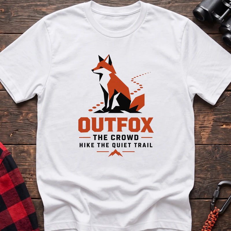 White hiking t-shirt with geometric fox graphic and Outfox the Crowd Hike the Quiet Trail text