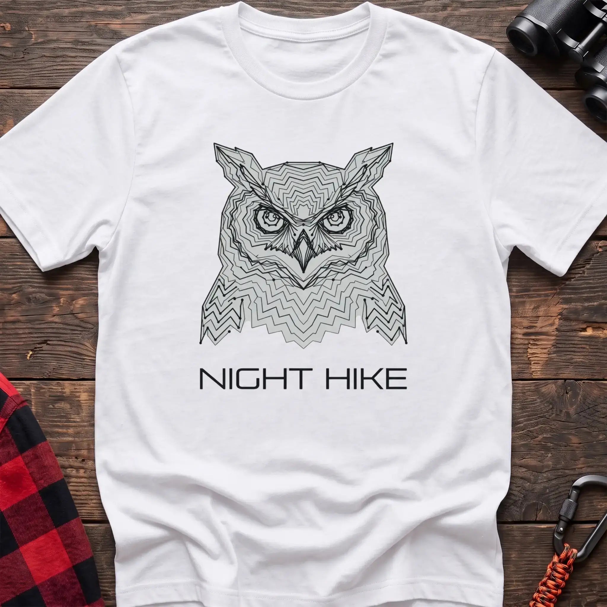 White t-shirt with geometric topographic owl face graphic and the text Night Hike